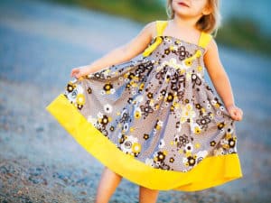 grey and yellow dress trendy toddler girl clothes inspired by the Pantone colors of 2021